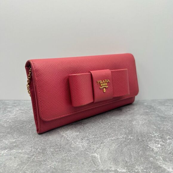 Prada Saffiano Leather Bow Continental Wallet Pink With ID Holder Bifold - Picture 4 of 16